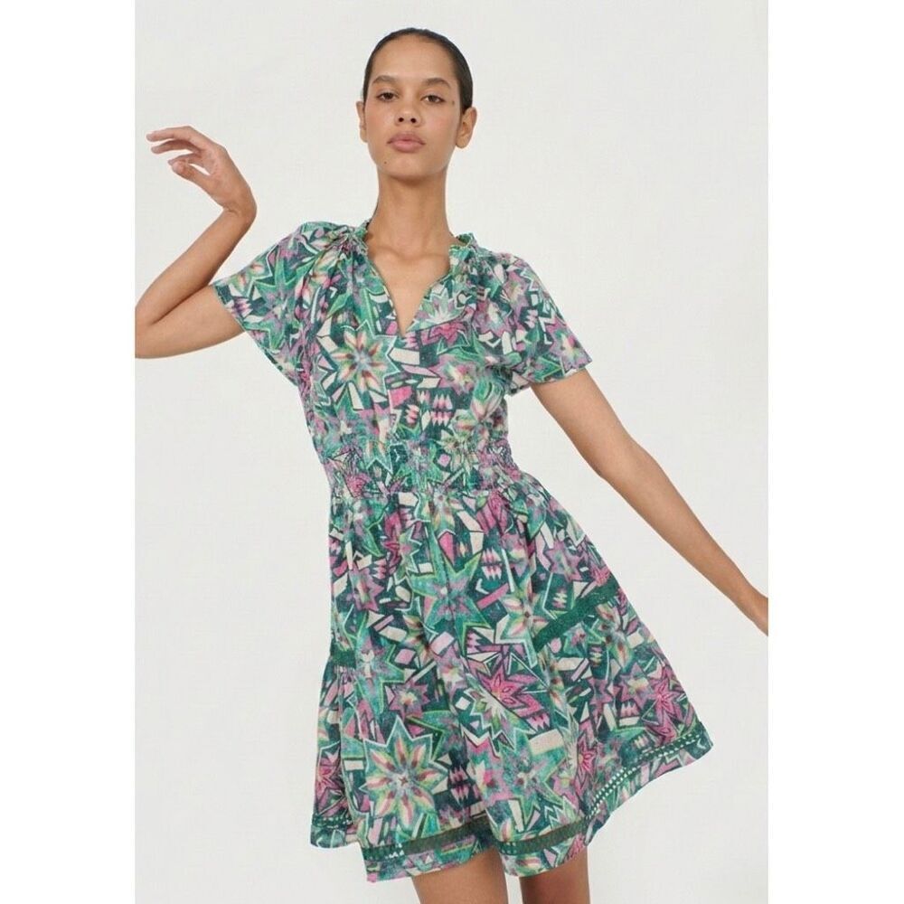 Chufy Cairo Green Pink Geometric Cotton Smocked Mini Dress Resortwear Medium